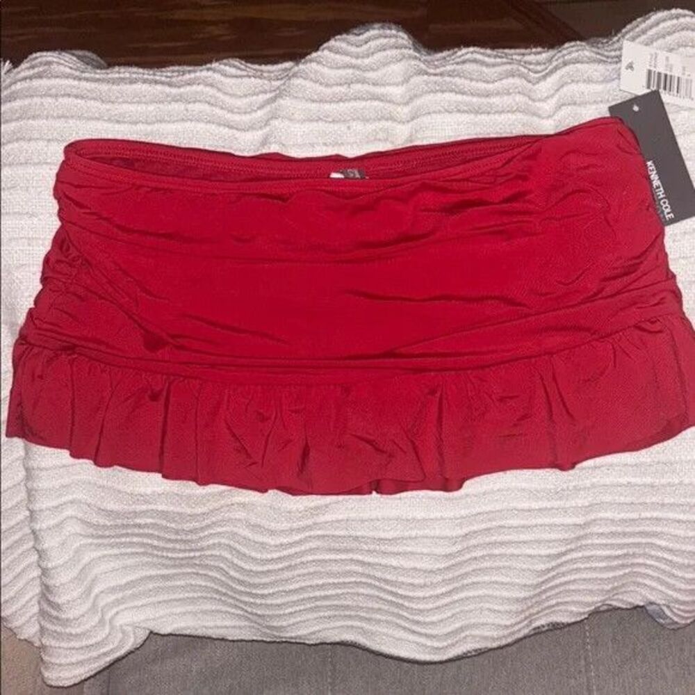 Kenneth Cole Reaction: Red Ruched Ruffle Skirted Bikini Bottom NWT